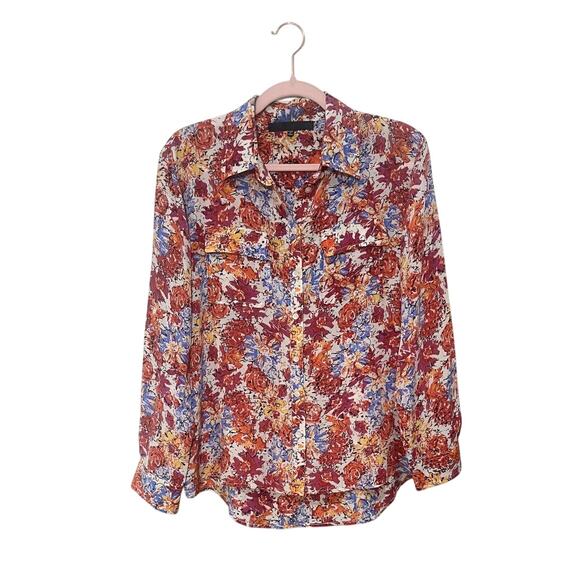 Karl Lagerfeld 100% Silk Multi-Colored Orange Red Blue Floral Blouse U.S. Size 6 - Picture 1 of 6